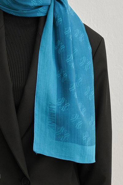 Armine Indigo Tensel-Silk Shawl - Minimal Monogram Pattern - Atn1 - 32118