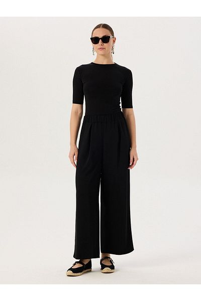 RİVUS Black Loose Trousers with Wide Legs and Elastic Waist