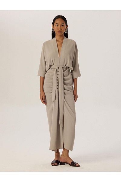 RİVUS Gray Slit Ornamental Buttoned Dress