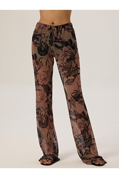 RİVUS Flare Fit Tulle Trousers - Elastic Waist and Tattoo Pattern