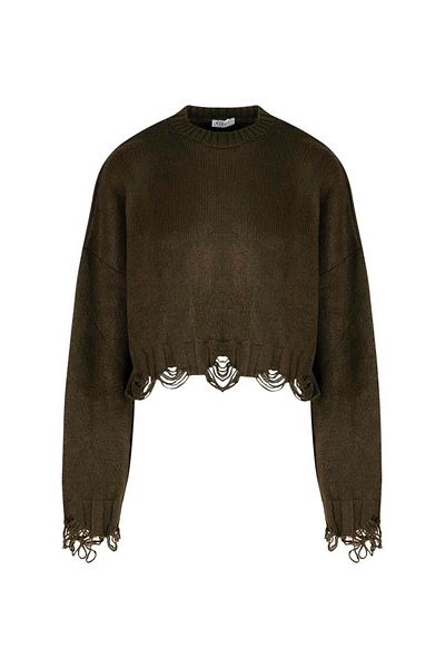 RİVUS Πλεκτό Oversize Crop με σχισμένη λεπτομέρεια - Χακί