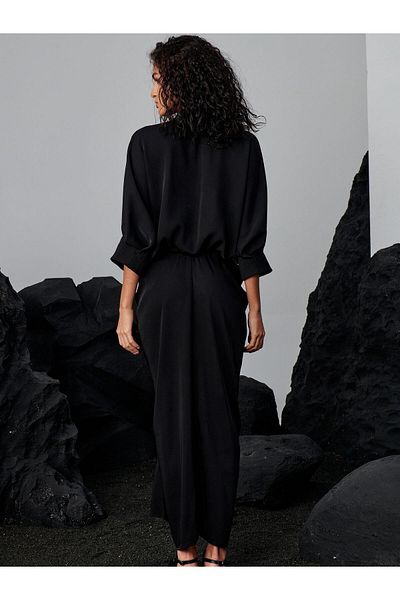RİVUS Gathered Dress with Trim Button - Black