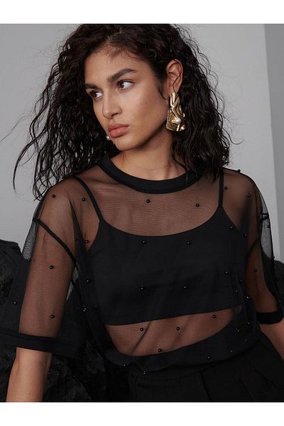 RİVUS Black Oversize Pearl Tulle T-Shirt