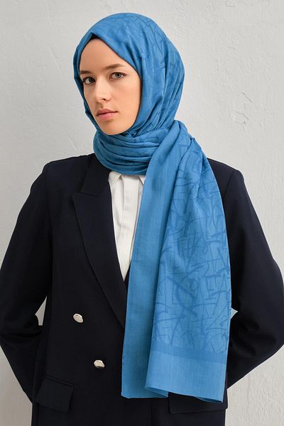 Armine Indigo Tensel-Silk Shawl - Calligraphy Pattern - Atn3 - 32118