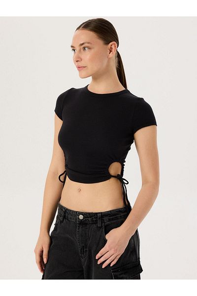 RİVUS Black Short Sleeve Body - Side Gather Detailed