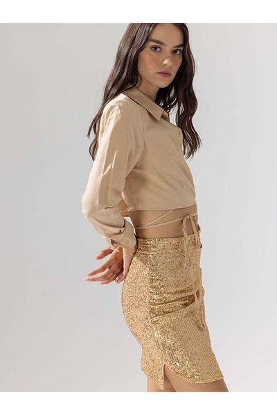 RİVUS Sequin Skirt with Side Slits and Drape Detail - Gold