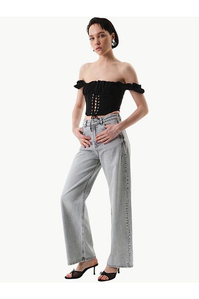 RİVUS Gray High Waist Wide Leg Jean Trousers