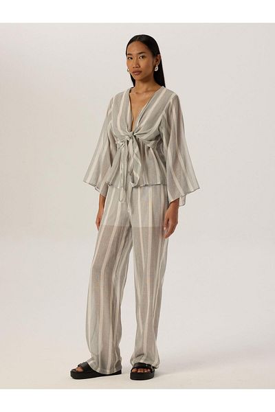 RİVUS Gray Striped Loose Cut Draped Trousers - Elastic Waist