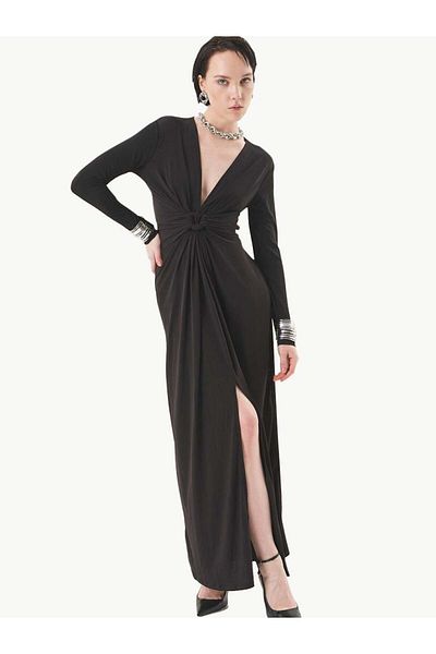 RİVUS Long Dress with Twist Detail on the Front - Black