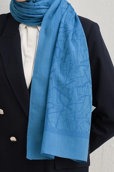 Armine Indigo Tensel-Silk Shawl - Calligraphy Pattern - Atn3 - 32118