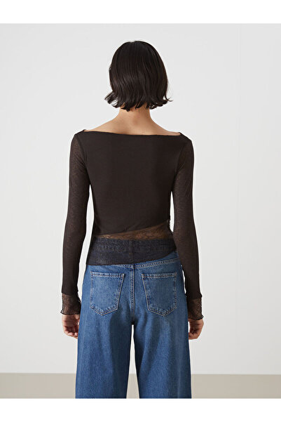 LC Waikiki Brown Boat Neck Lace Detailed Women's Blouse