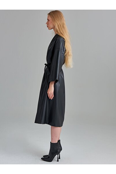 RİVUS Long Vegan Leather Jacket with Belted Waist - Black