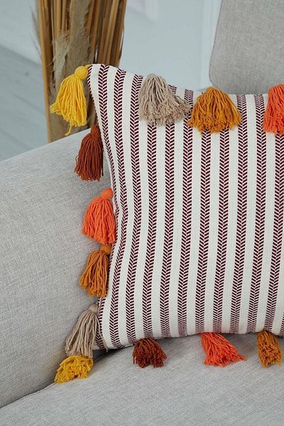Aisha's Design Colorful Tasseled Claret Red Striped Throw Pillow Cover,k-272