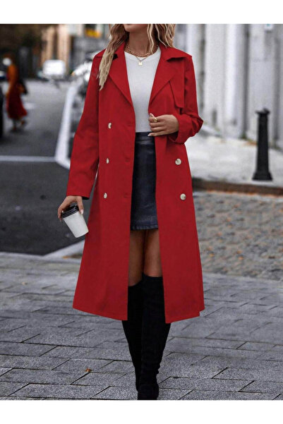 buğrahayalin Women's Long Sleeve Neck Front Button Waist Belt Midi Gabardine Trench Coat