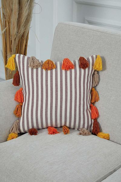 Aisha's Design Colorful Tasseled Claret Red Striped Throw Pillow Cover,k-272