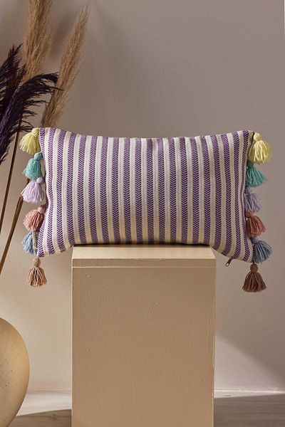 Aisha's Design Colorful Tasseled Rectangular Purple Striped Throw Pillow Cover, K-274