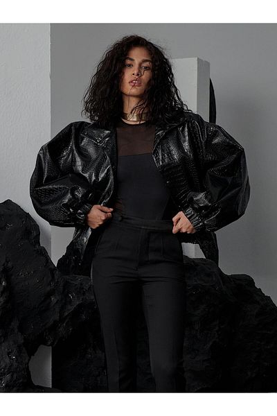 RİVUS Кожено яке Croco Oversize Bomber Vegan - Черно