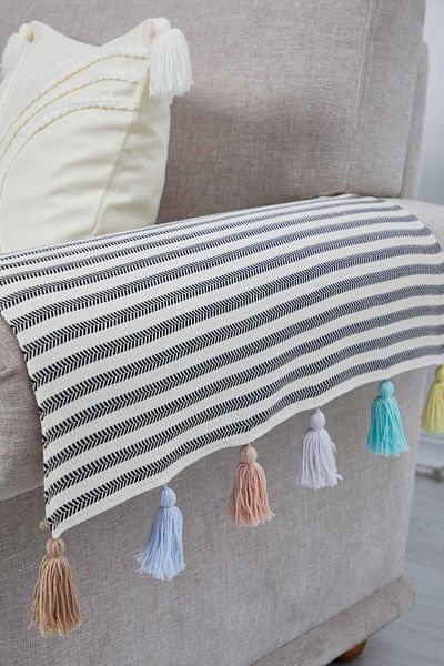 Aisha's Design 2-Piece Colorful Tasseled Black Striped Armrest Set 65x55 Cm,kc-5