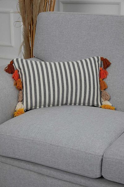 Aisha's Design Colorful Tasseled Rectangular Black Striped Throw Pillow Cover, K-274