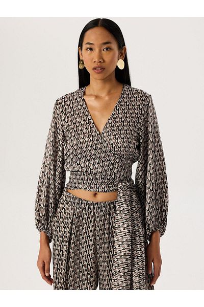 RİVUS Orange Patterned Long Sleeve Blouse - With Belt Tie Detail