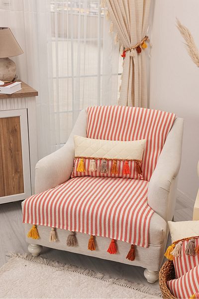 Aisha's Design 180x75 Cm Colorful Tufted Orange Striped Sofa Cover - Back and Seating Cover, Ko-30t
