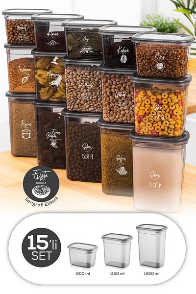 Evlinya 15 Pcs Peggy White with Screen Printing Labels - 5X(1500-1150-800 ml) Anthracite Rectangular Food and Spice Rack
