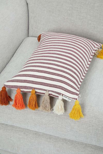 Aisha's Design Colorful Tasseled Rectangular Burgundy Striped Throw Pillow Cover, K-274