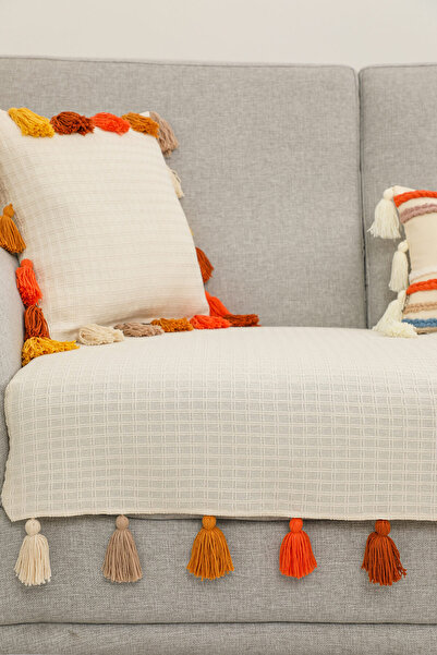 Aisha's Design Colorful Tasseled Linen Sofa Cover 90 X 210,Ko-21,Cream - Orange