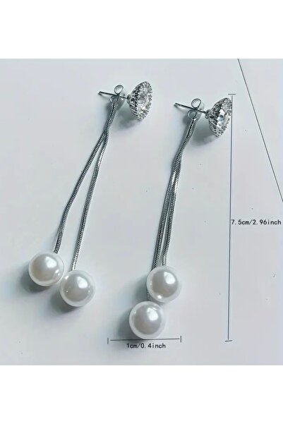 ER TAKI Rhinestone Silver Color Long Stylish Engagement Henna Wedding Evening Dress Earrings with Pearls Dangle on the Back