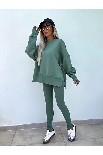 Trendseninle Set de trening pentru damă, verde apă, cu detaliu cu fantă, decolteu, partea de jos, cu jambiere