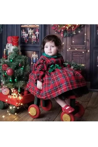 Hly Karol Tasarım Green Collar Plaid Baby Girl Dress, Photo Shoot Dress, Suitable for Ages 0-12