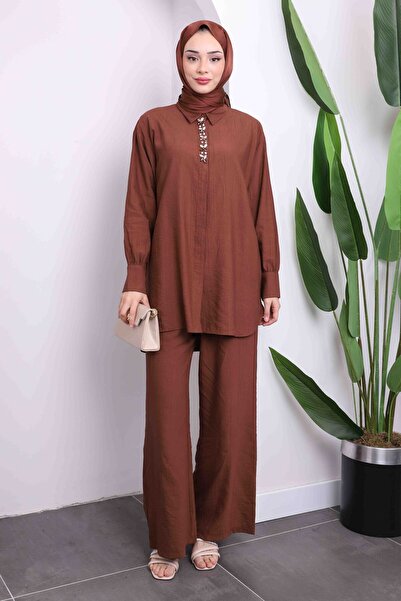 İmajButik Σετ παντελόνι με πέτρινο γιακά καφέ