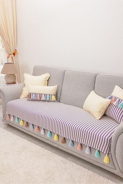 Aisha's Design غطاء أريكة مخطط باللون الأرجواني مع شرابات ملونة مقاس 90 × 210 سم،