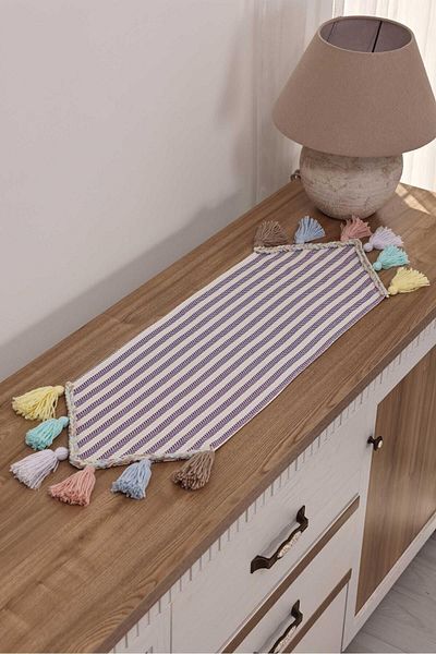 Aisha's Design Purple Striped Runner with Colorful Tassels 90X30Cm,R-47K