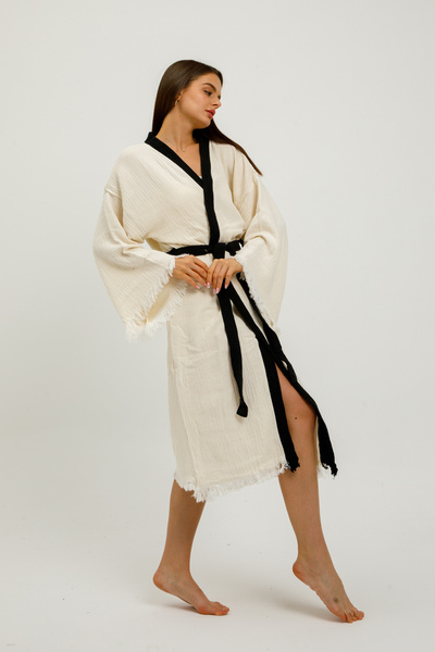 MONO siyah şeritli etnik fil baskı muslin kimono