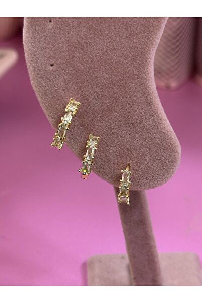 Hicrans Takı TAŞLI HALKA MODEL ÜÇLÜ SET GOLD ÇELİK KÜPE