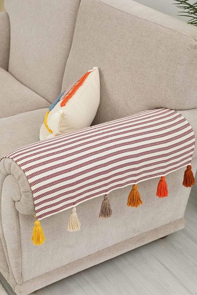 Aisha's Design 2-Piece Colorful Tasseled Burgundy Striped Armrest Set 65X55 Cm,Kc-5