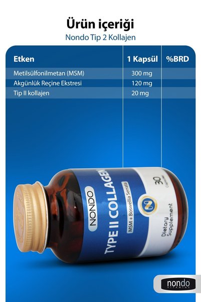 Nondo Tip 2 Kolajen 30 Kapsül ( Msm Akgünlük Ekstresi Type 2 Collagen )