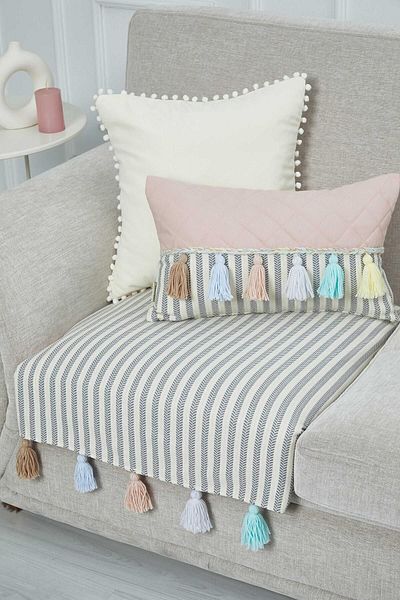Aisha's Design مفرش أريكة مفرد مخطط باللون الرمادي مع شرابات ملونة مقاس 75 × 90 سم، ko-20t