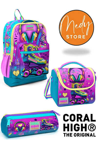 Coral High Pink Turquoise Headphones Skate Patterned 3-Piece School Bag Set