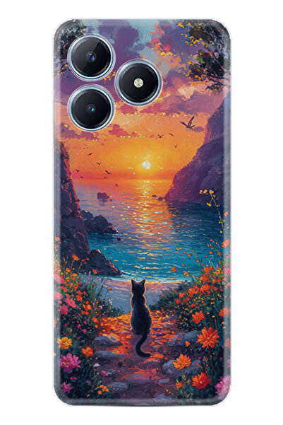 realme C61 Kılıf Boutique Baskılı Resimli Manzara Kedi Pcode -096