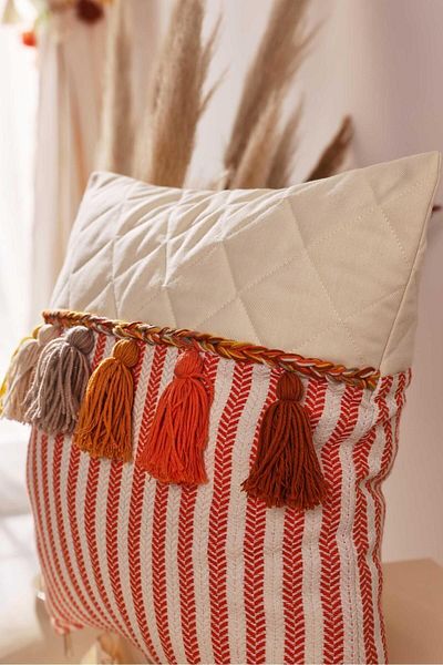 Aisha's Design Colorful Tasseled Orange Striped Throw Pillow Cover,K-196