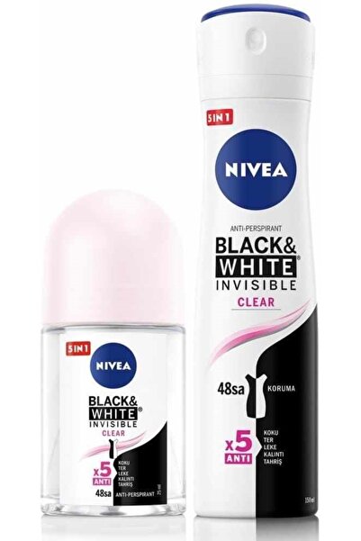 NIVEA Kadın Sprey Deodorant Black&White Clear 150ml ve Mini Roll-on Black&White Clear