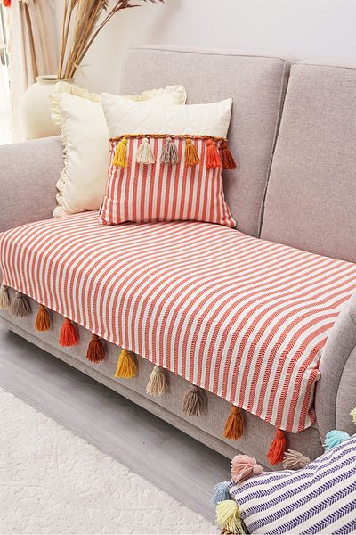 Aisha's Design Colorful Tufted Orange Striped Sofa Cover 90X155 Cm, Ko-20Ik