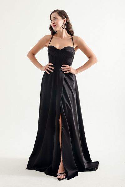 OFZE Women's Black Straps Long Satin Evening Dress