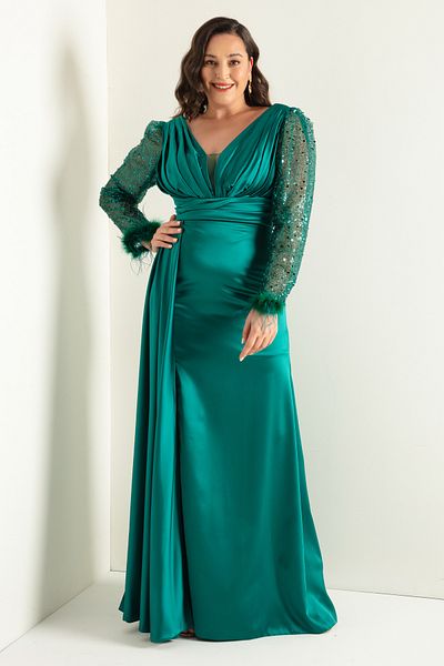 Lafaba Women's Emerald Green V-Neck Sleeves with Stone Slits Long Plus Size Evening Dress