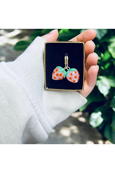 FASİON Kadın Pembe Çilek Murano Cam Altın Kaplama Küpe