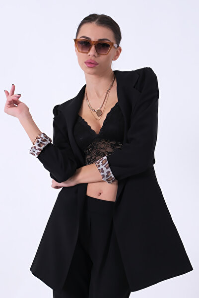 Feminist Leopar Astar Detaylı Krep Blazer Ceket Siyah 0105120