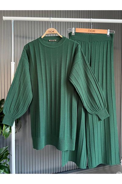 TrendParis Thin Ribbed Bat Sleeve Knitwear Tunic Pants Double Set