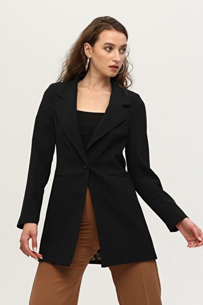 Feminist Leopar Astar Detaylı Krep Blazer Ceket Siyah 0105120
